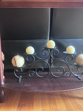 Decorative Black Metal Scroll Candle Holder with Cream Pillar Candles